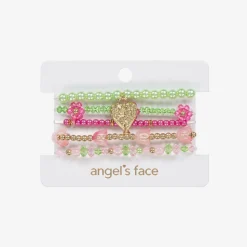 Girls Pink & Green Bead Bracelets (5 Pack)