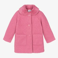 Girls Pink Bouclé & Faux Fur Collar Coat