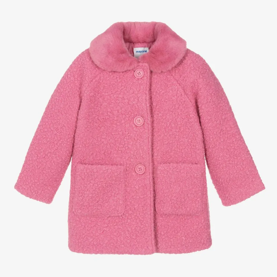 Girls Pink Bouclé & Faux Fur Collar Coat
