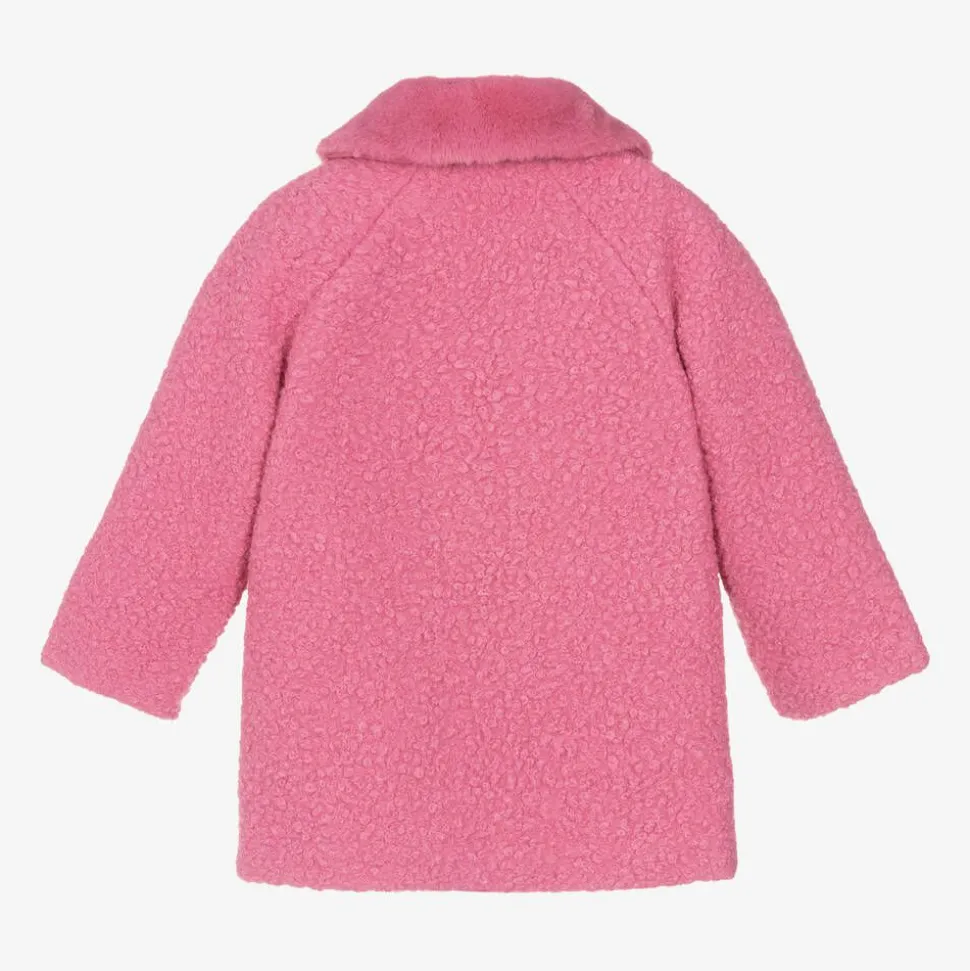Girls Pink Bouclé & Faux Fur Collar Coat