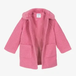 Girls Pink Bouclé & Faux Fur Collar Coat
