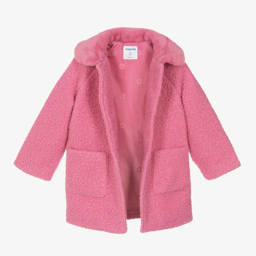 Girls Pink Bouclé & Faux Fur Collar Coat
