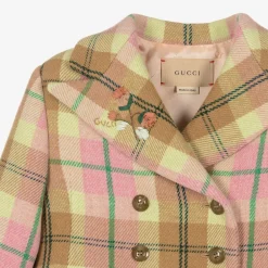 Girls Pink Check Wool Coat