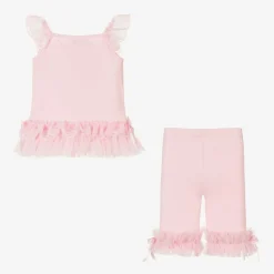 Girls Pink Cotton & Lace Leggings Set