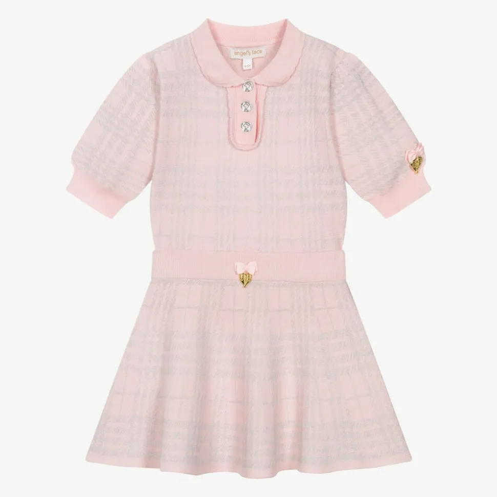 Girls Pink Cotton & Lurex Check Skirt Set