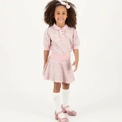 Girls Pink Cotton & Lurex Check Skirt Set