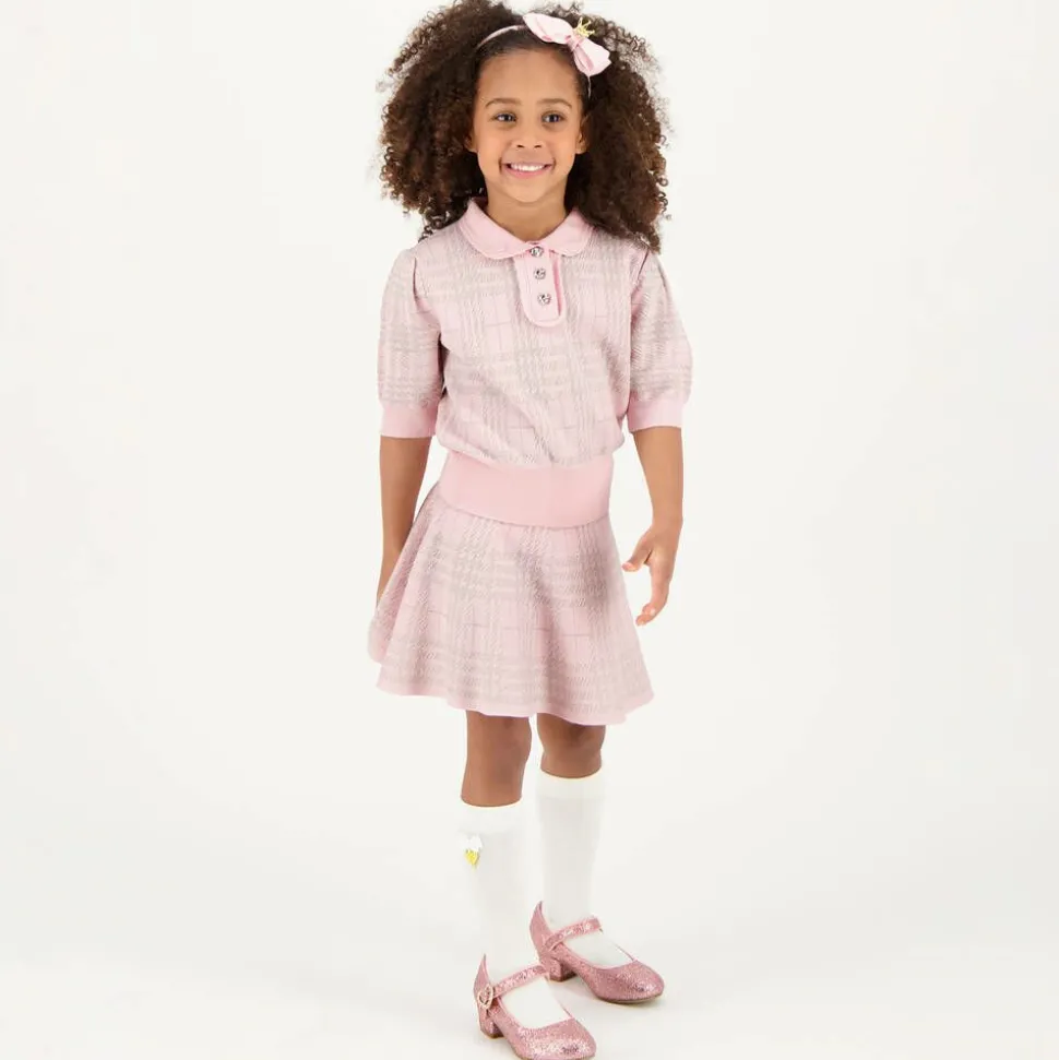 Girls Pink Cotton & Lurex Check Skirt Set