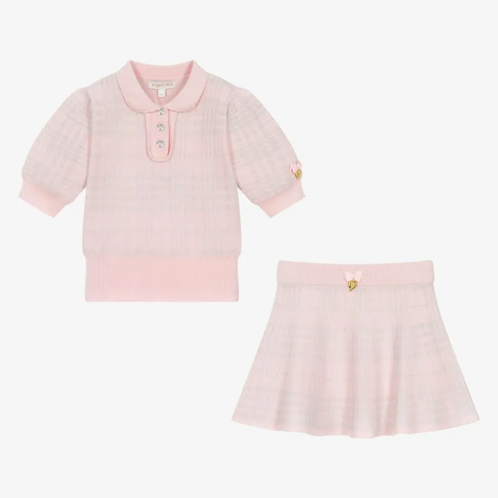 Girls Pink Cotton & Lurex Check Skirt Set