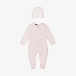 Girls Pink Cotton Babysuit & Hat Set