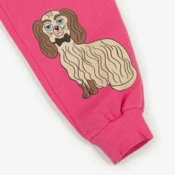 Girls Pink Cotton Dog Print Joggers