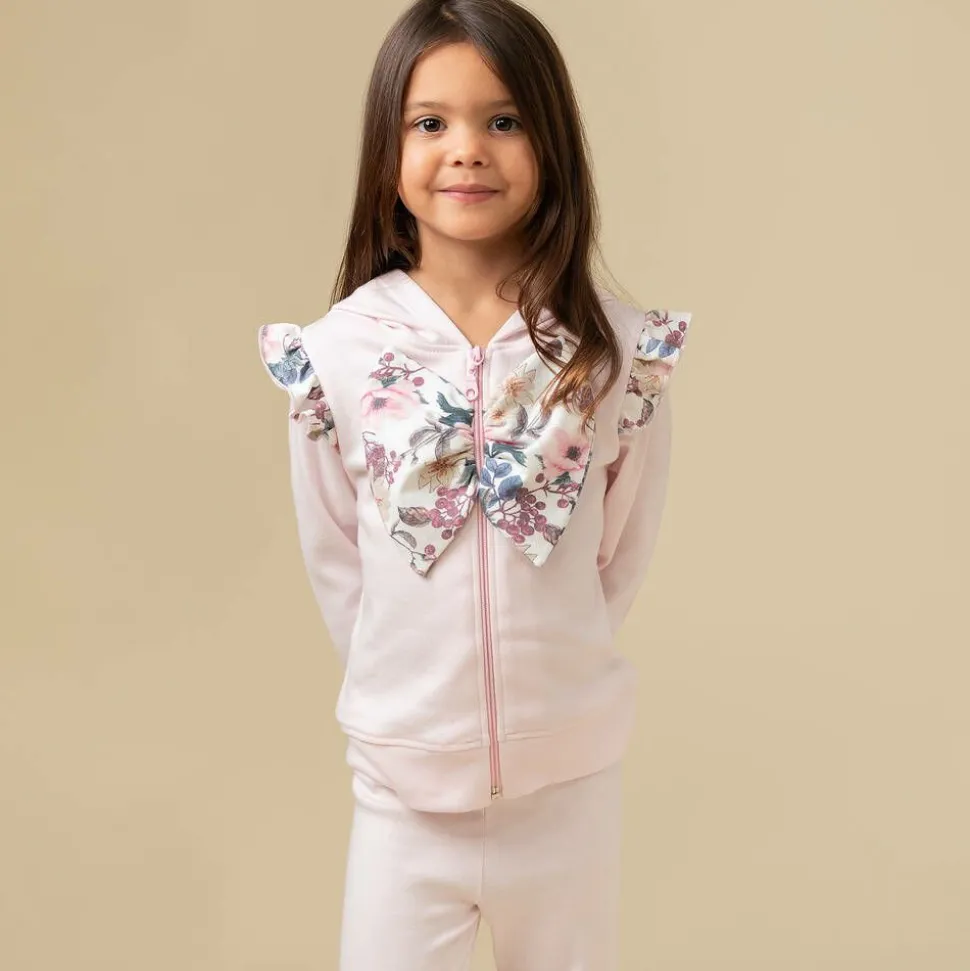 Girls Pink Cotton Floral Bow Tracksuit
