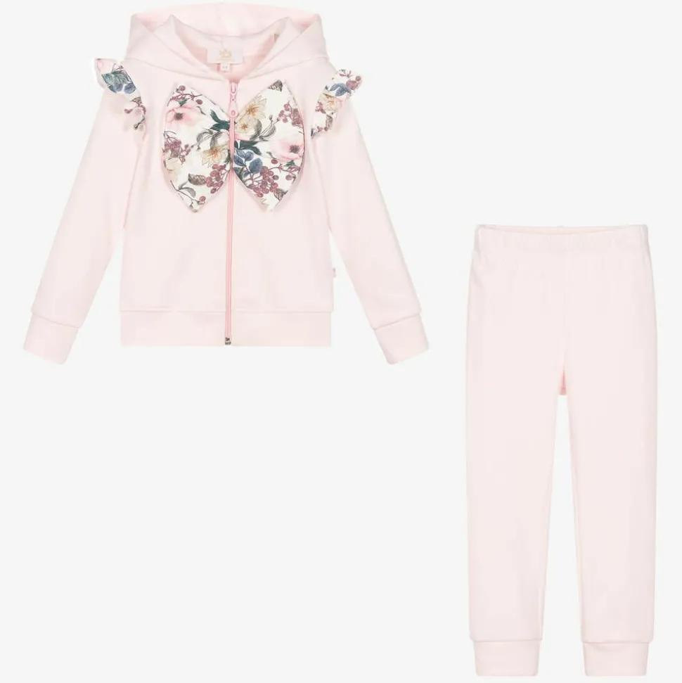 Girls Pink Cotton Floral Bow Tracksuit