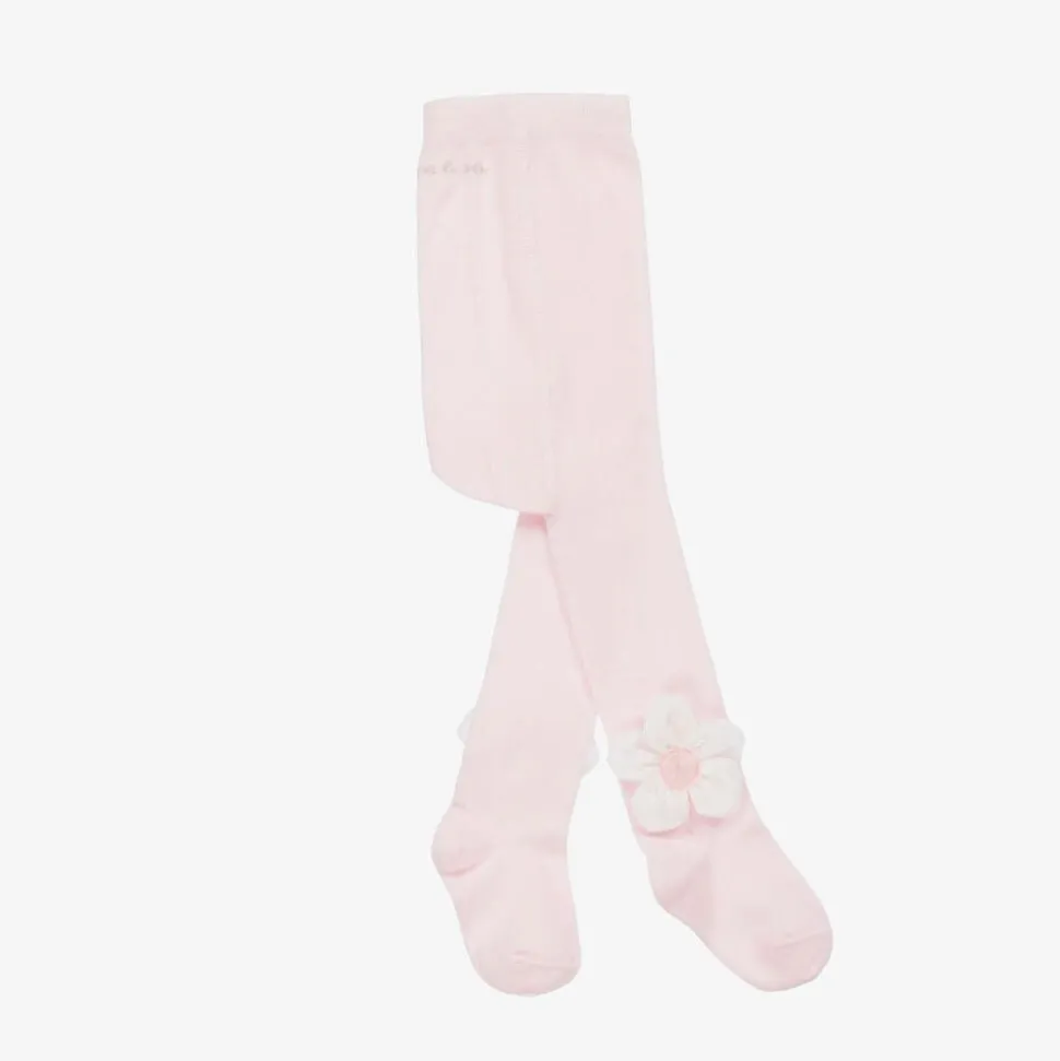 Girls Pink Cotton Knit Flower Tights