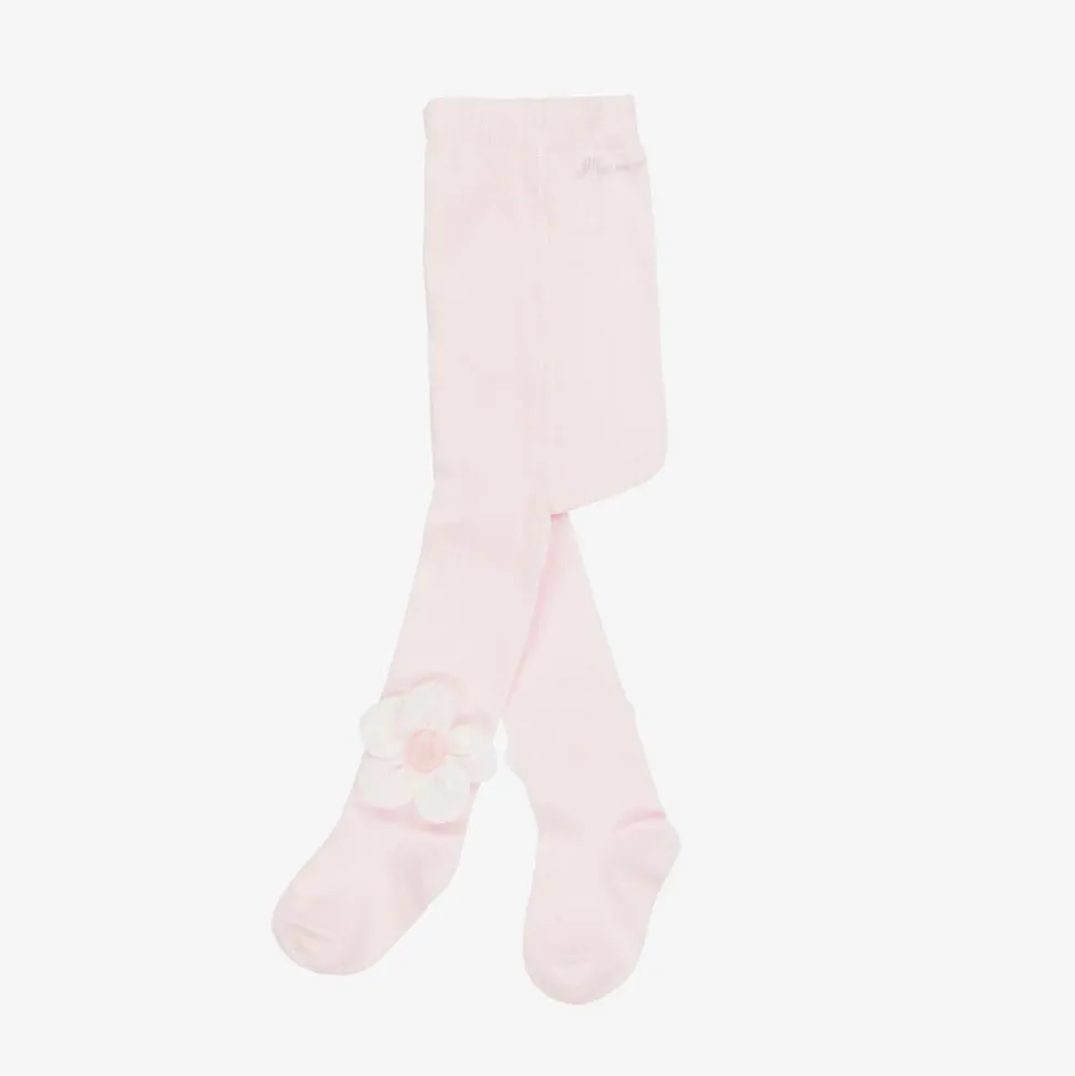 Girls Pink Cotton Knit Flower Tights