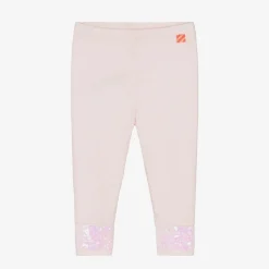 Girls Pink Cotton Sequin Hem Leggings