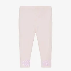 Girls Pink Cotton Sequin Hem Leggings