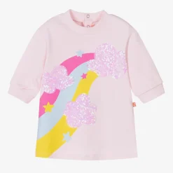 Girls Pink Cotton Sequin Rainbow Dress