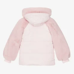 Girls Pink Faux Fur Hooded Jacket