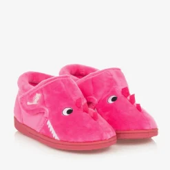 Girls Pink Fleece Dinosaur Slippers