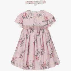 Girls Pink Floral Smocked Dress Set