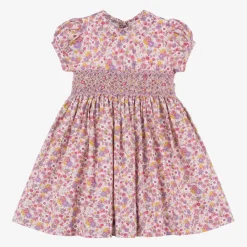 Girls Pink Floral Smocked Cotton Dress