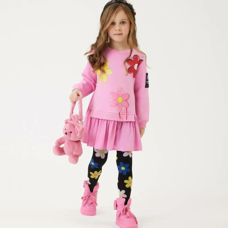 Girls Pink Flower Print Sweatshirt Dress