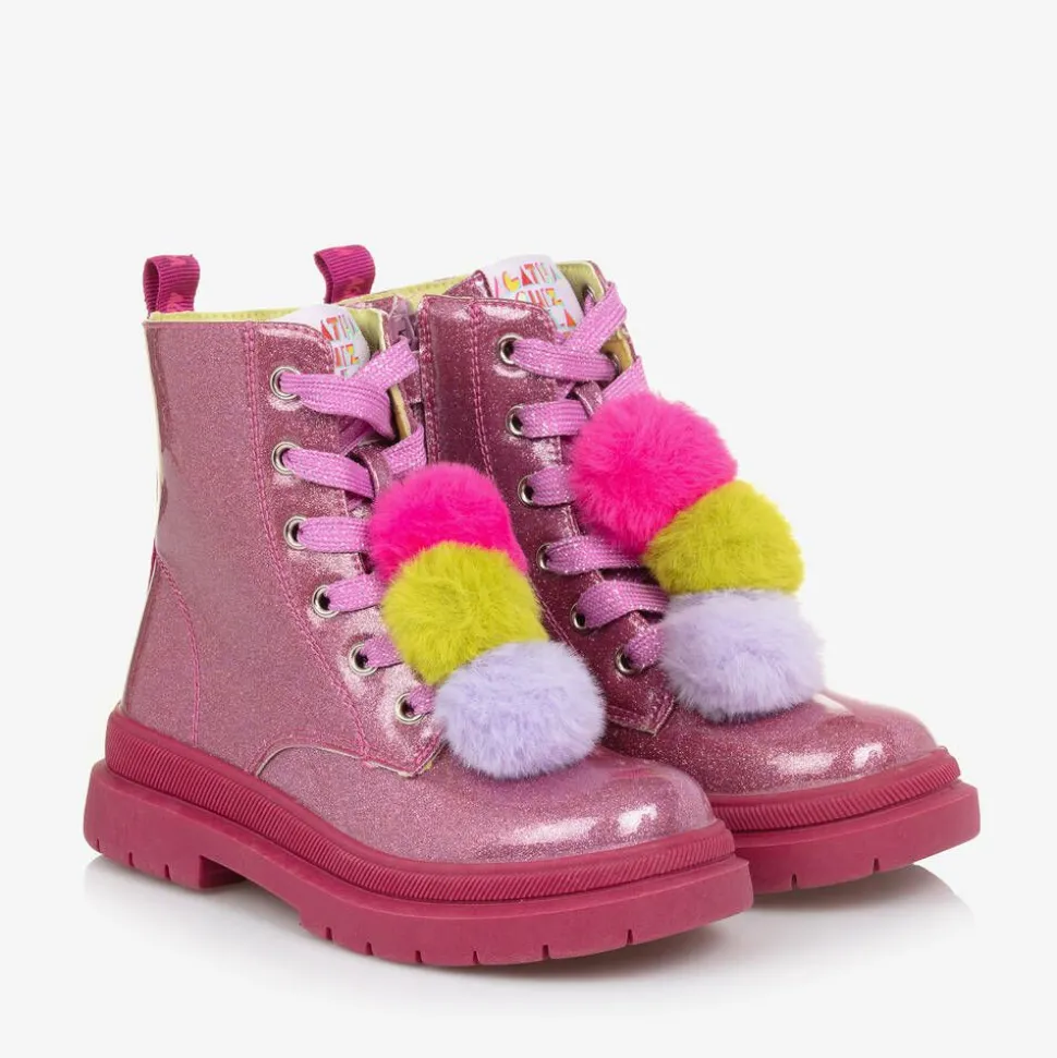 Girls Pink Glitter Pom-Pom Boots