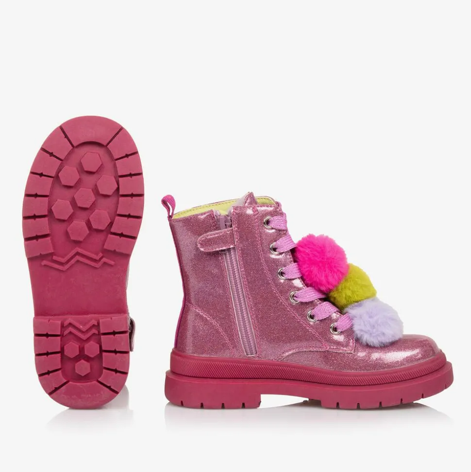 Girls Pink Glitter Pom-Pom Boots