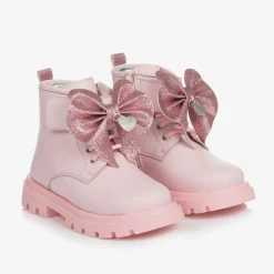 Girls Pink Leather Bow Ankle Boots