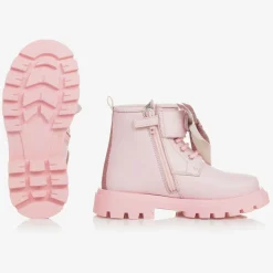 Girls Pink Leather Bow Ankle Boots