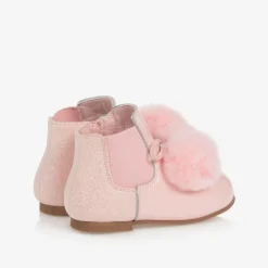 Girls Pink Patent Leather Pom-Pom Boots