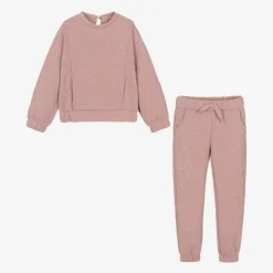 Girls Pink Ribbed Flower Tracksuit