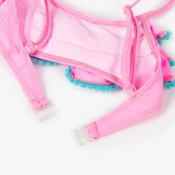 Girls Pink Ruffle & Blue Pom-Pom Bikini