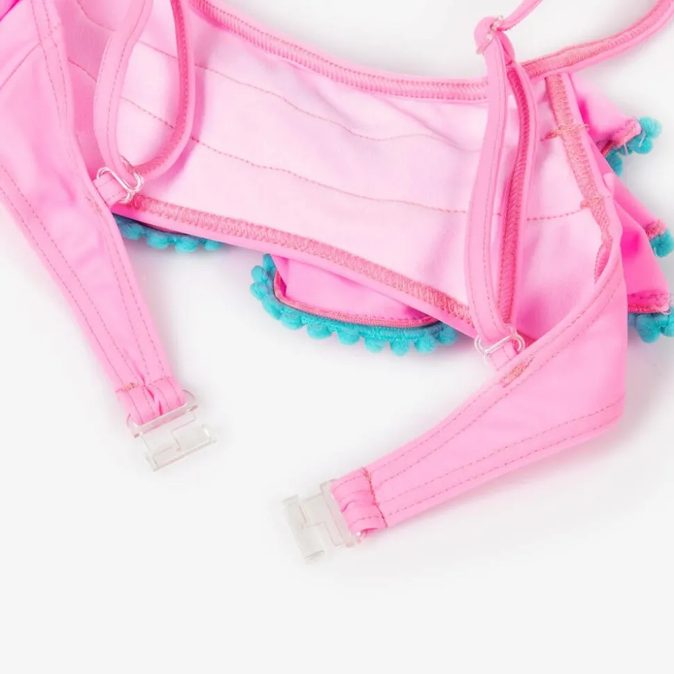 Girls Pink Ruffle & Blue Pom-Pom Bikini