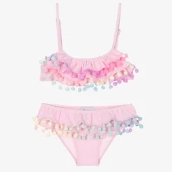 Girls Pink Ruffle & Pom-Pom Bikini