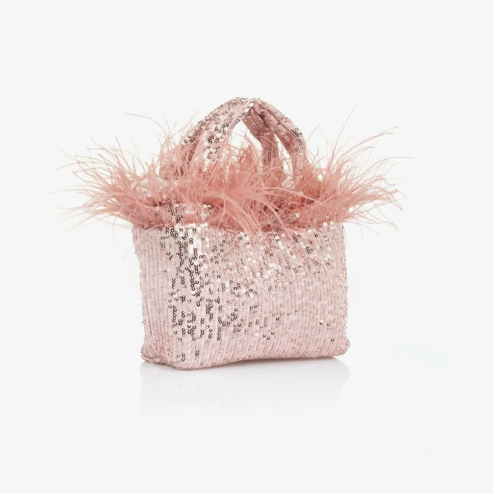 Girls Pink Sequin & Feather Handbag (20cm)