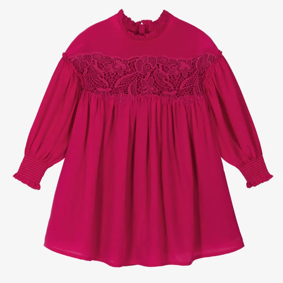 Girls Pink Silk Guipure Lace Dress