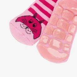 Girls Pink Striped Cat Slipper Socks