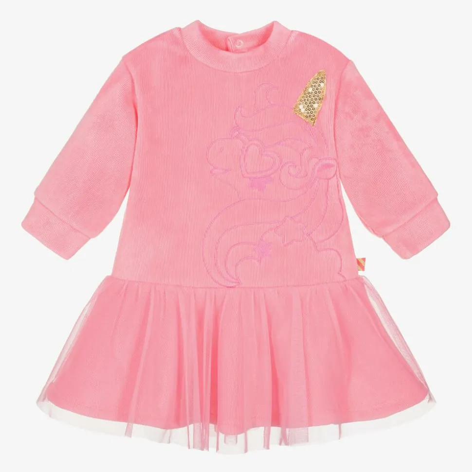 Girls Pink Velour & Tulle Unicorn Dress
