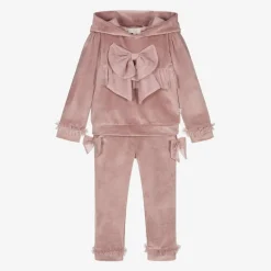 Girls Pink Velour & Tulle Bow Tracksuit