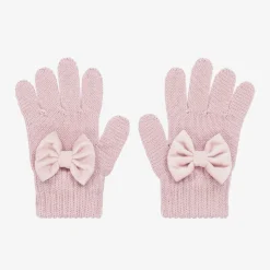 Girls Pink Wool Knit Bow Gloves