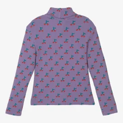 Girls Purple Cotton Cherry Print Roll Neck