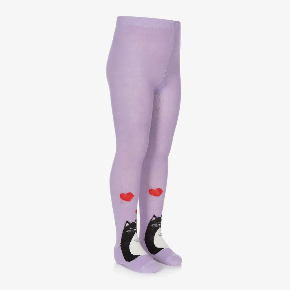 Girls Purple Organic Cotton Cat Tights