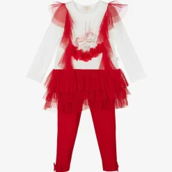 Girls Red & White Cotton Leggings Set