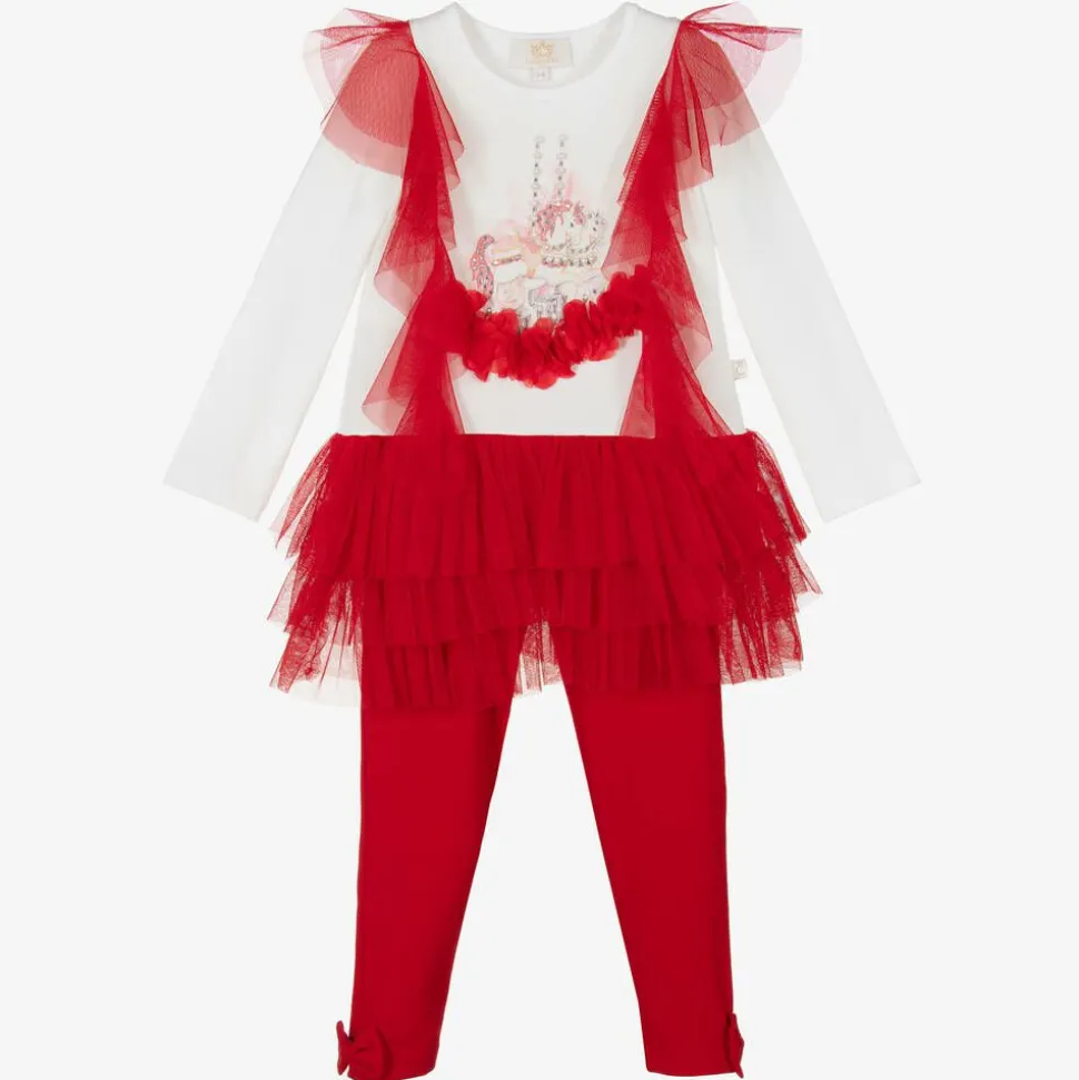 Girls Red & White Cotton Leggings Set