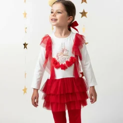 Girls Red & White Cotton Leggings Set