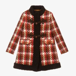 Girls Red Check Wool Coat