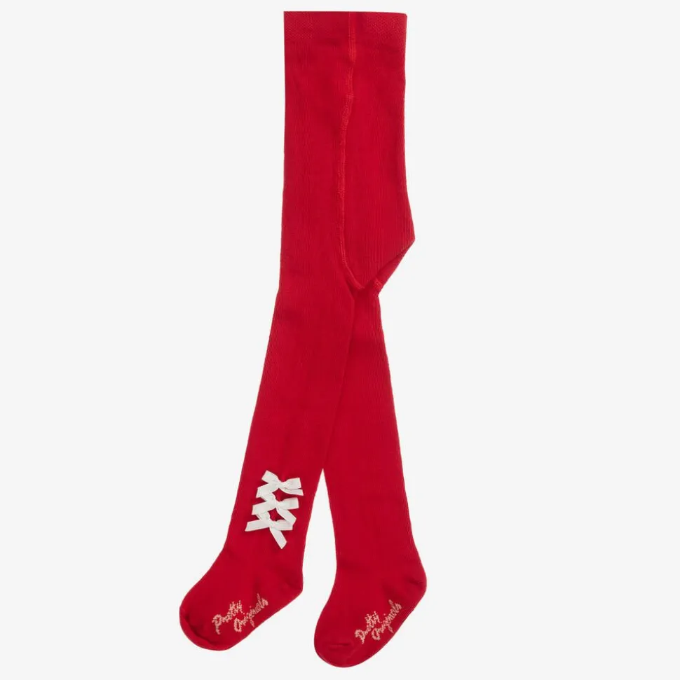 Girls Red Cotton Bow Tights