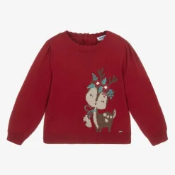 Girls Red Cotton Knit Reindeer Jumper