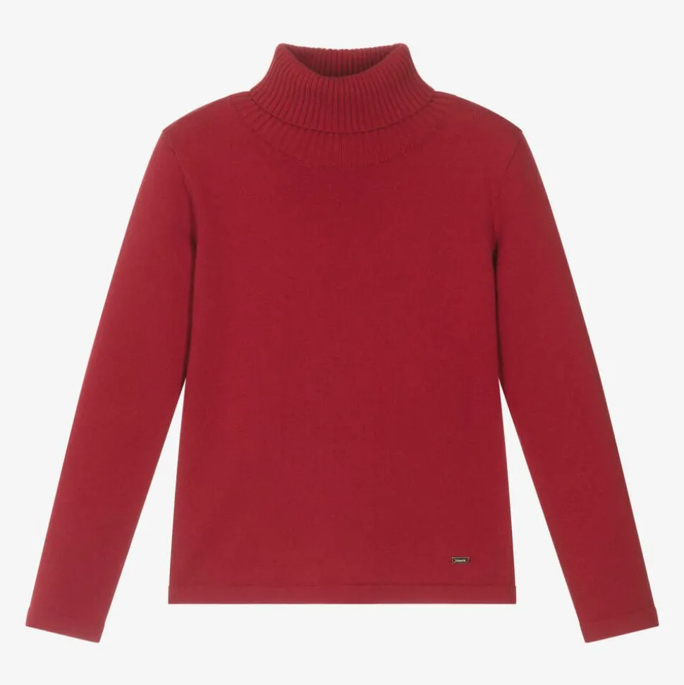 Girls Red Cotton Knit Roll Neck Sweater